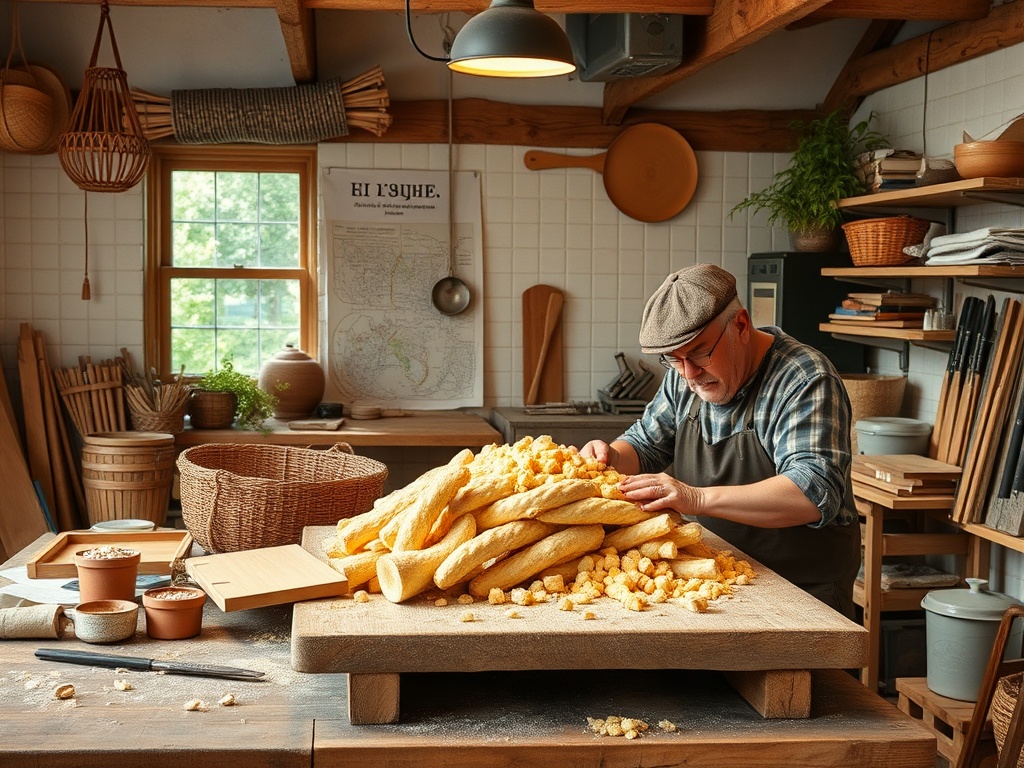 Пекарь работает с тестом на деревянном столе, вокруг него различные инструменты и корзины. Сначала выглядело как много хлеба.