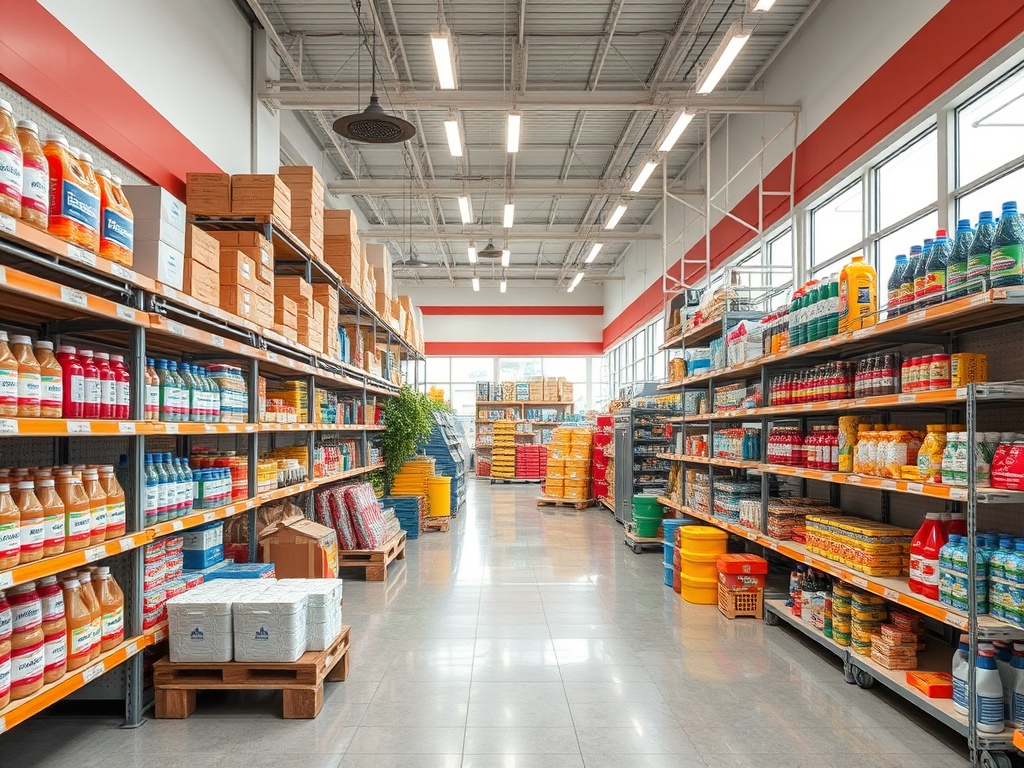 Супермаркет с полками, заполненными продуктами и бытовыми товарами. Светлое, просторное помещение.