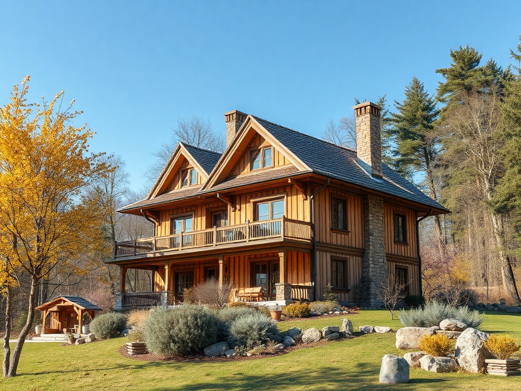 Деревянный дом с балконом, окружённый зелёным газоном и деревьями на фоне ясного голубого неба.