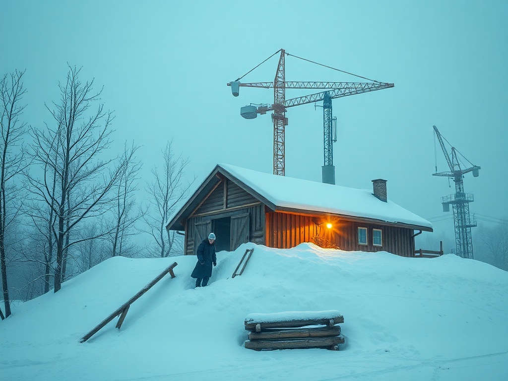Зимний пейзаж: деревянный дом на снегу, рядом строительные краны и деревья. Холодное, туманное утро.