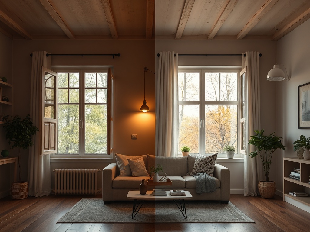 Современная гостиная с большими окнами, мягкой мебелью и растениями, уютно оформленная для осеннего времени.