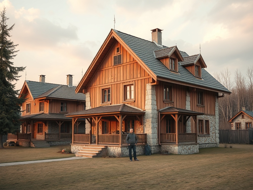 Современный загородный дом с каменными и деревянными фасадами на фоне природы. Человек стоит на лужайке.