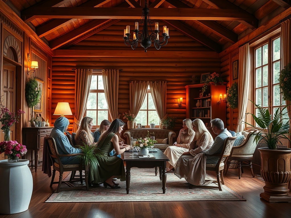 В уютной комнате на шестеро людей беседуют, окруженные деревом и цветами. Стильная обстановка и теплый свет.