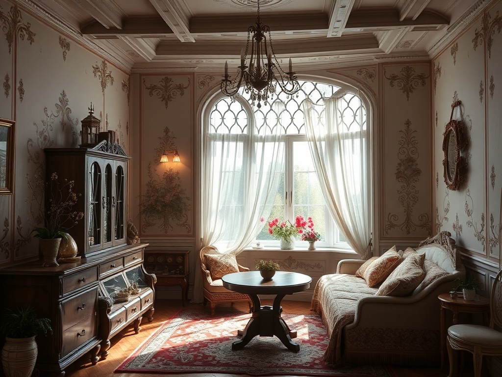 Светлая комната в классическом стиле с мягкой мебелью, столиком и окном с цветами на подоконнике.