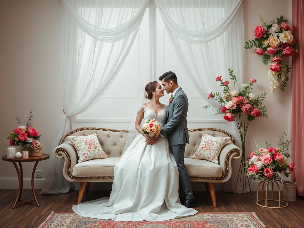 Счастливая пара в свадебных нарядах, обнимается на диване с цветами вокруг.