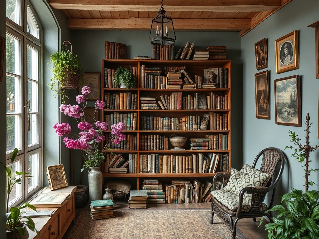Уютный уголок с книжным шкафом, растениями и креслом, наполненный атмосферой уюта и спокойствия.