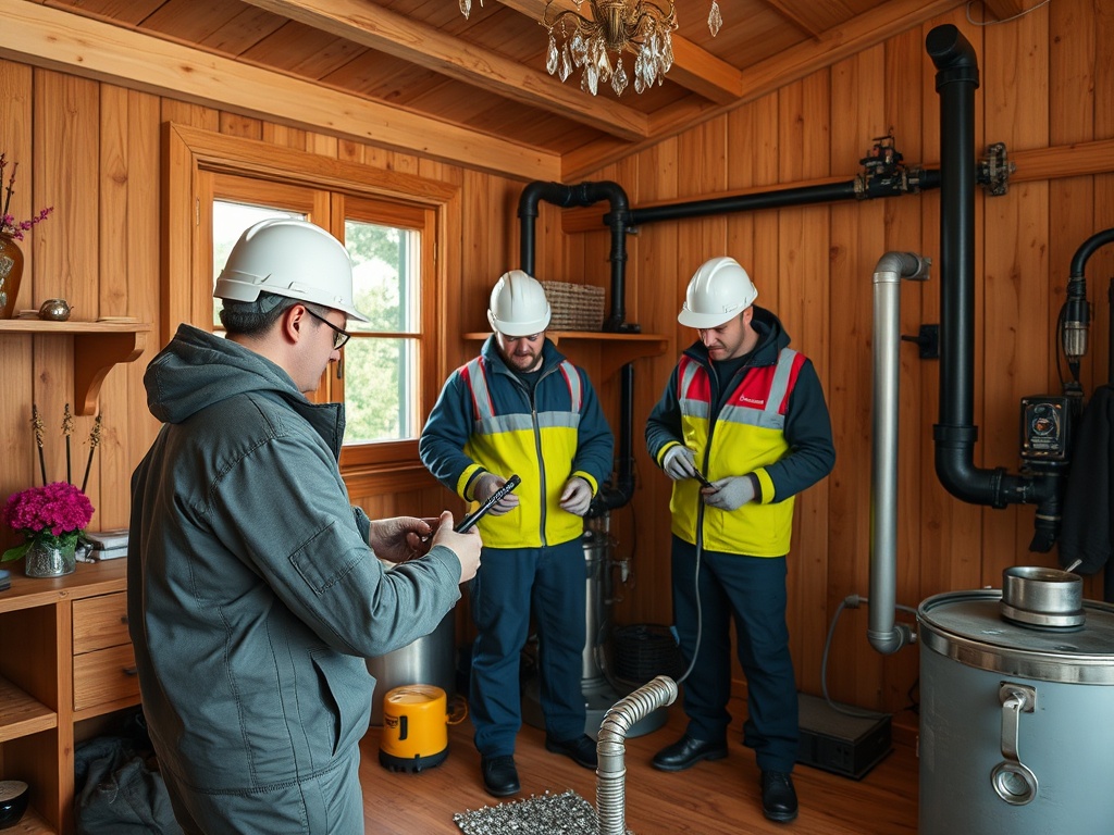 На изображении рабочие в касках и спецодежде, занимающиеся установкой оборудования в деревянном помещении.