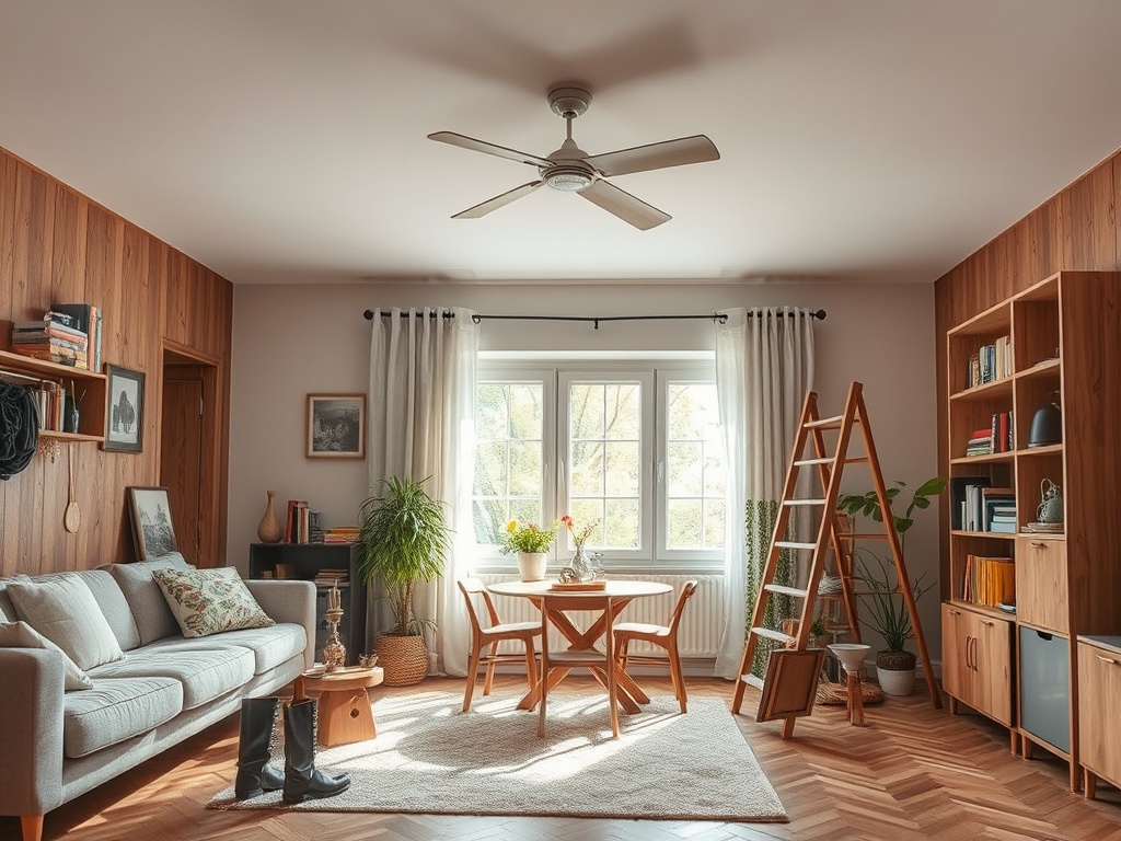 Светлая комната с деревянными стенами, уютной мебелью и большим окном, за которым видны деревья.