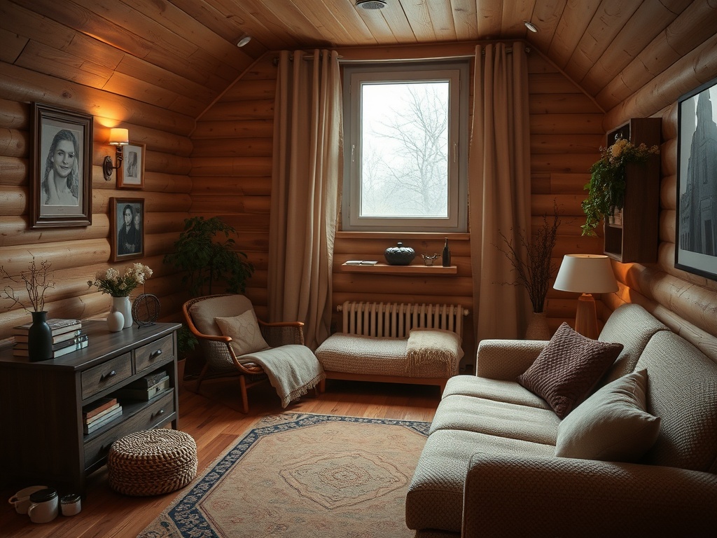 Уютная комната с деревянными стенами, диваном, картинками и окном, за которым виден зимний пейзаж.