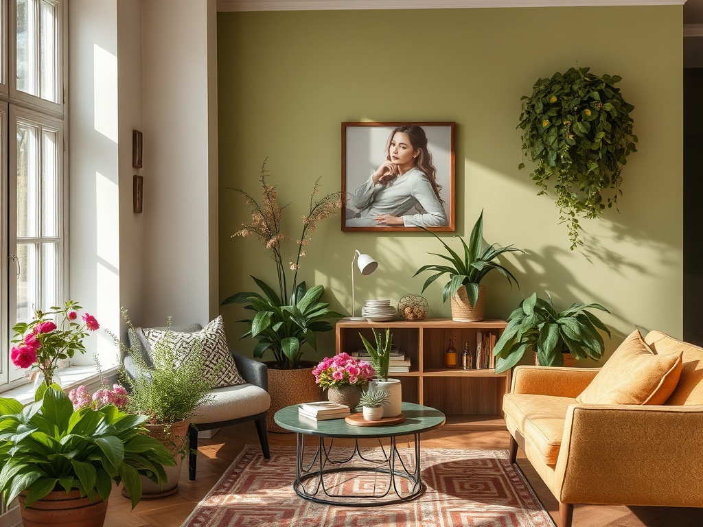 Светлая комната с зелеными стенами, растениями и уютной мебелью. Картина женщины на стене.
