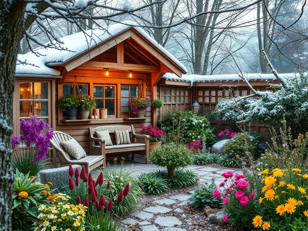 Уютный сад с цветами и деревянным домиком, окруженный снежными деревьями, создающий атмосферу спокойствия.