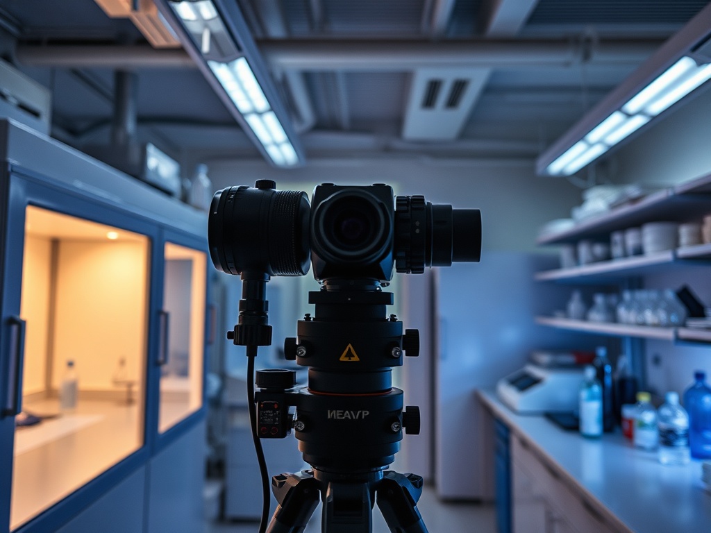 Камера на штативе в лаборатории, с голубоватым освещением и полками с посудой и бутылками на заднем плане.