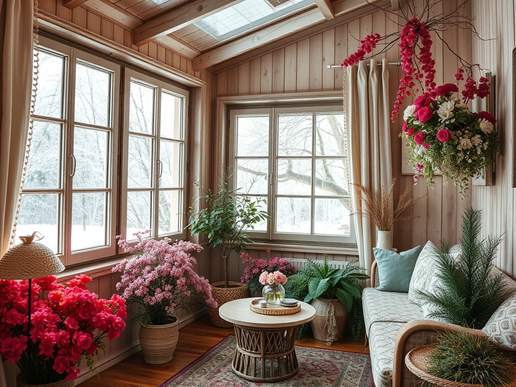 Светлая комната с большими окнами, цветами и уютной мебелью, создающая атмосферу уюта и тепла.