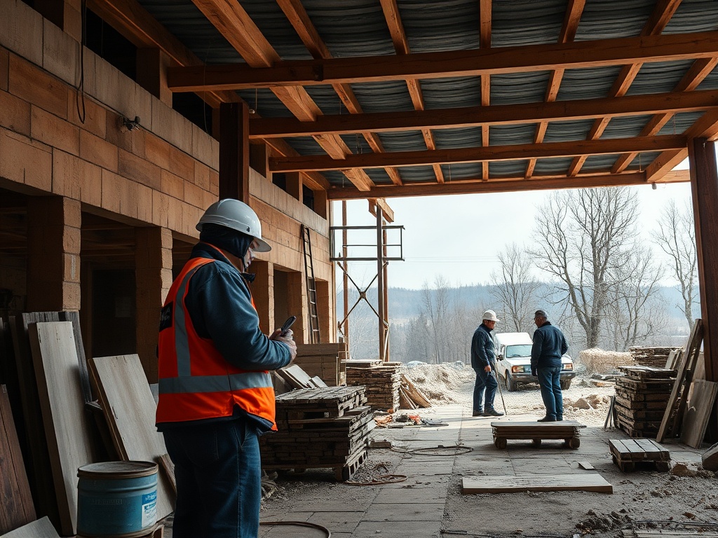 Рабочие на строительном объекте обсуждают проект, рядом деревянные доски и строительная техника.
