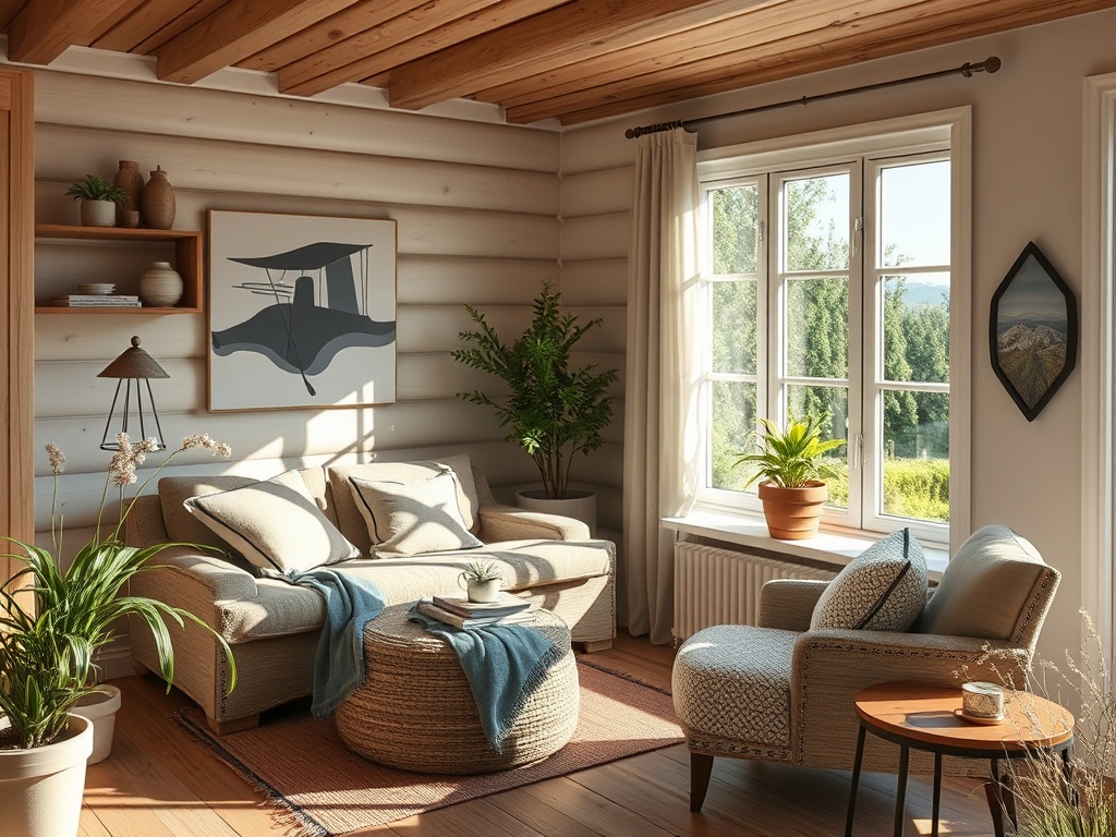 Уютная комната с мягкой мебелью, растениями и большим окном, откуда виден зелёный пейзаж.