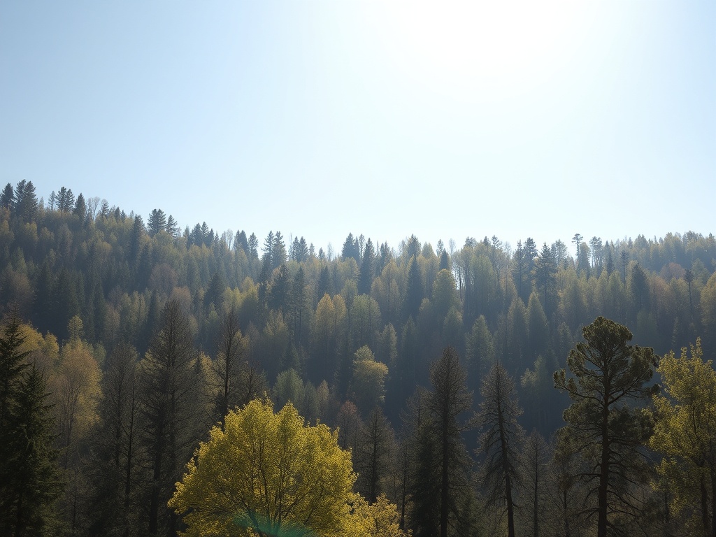 Пейзаж с лесом на фоне ясного неба, с яркими зелеными и желтыми листьями деревьев.