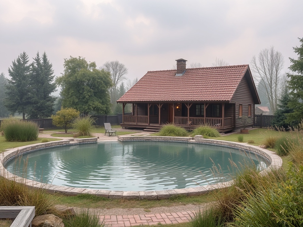 Домик у пруда, окруженного зелеными насаждениями, в туманном пейзаже. Спокойная и уютная атмосфера.