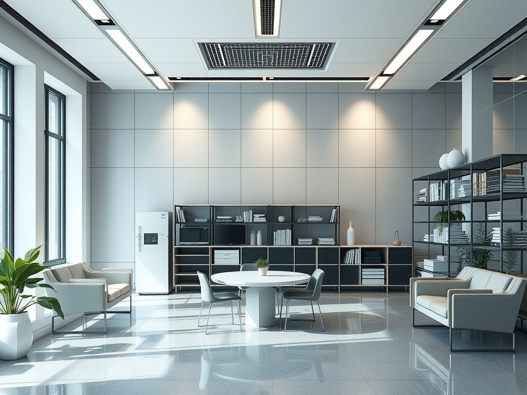 Современный офис с круглым столом, удобной мебелью и полками для книг. Большие окна и растения.