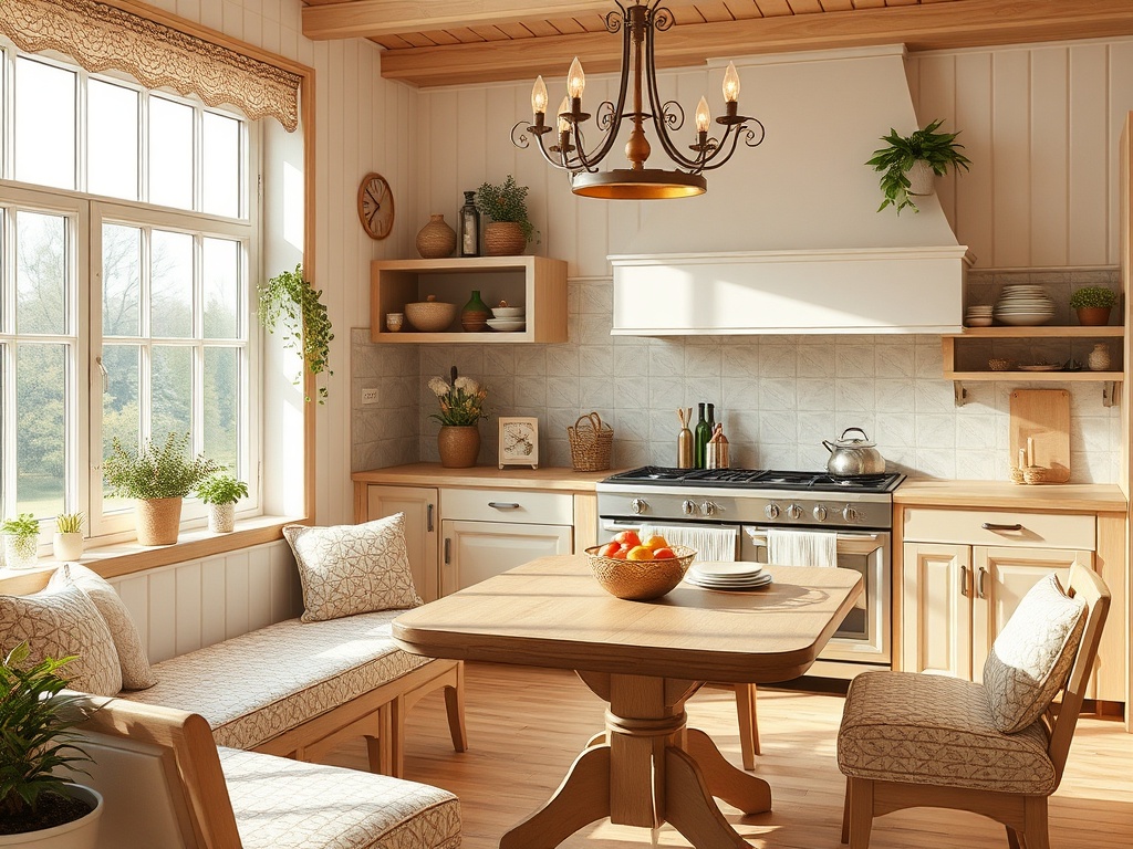 Светлая кухня с деревянной мебелью, округлым столом, стульями и окнами, украшенными зелеными растениями.