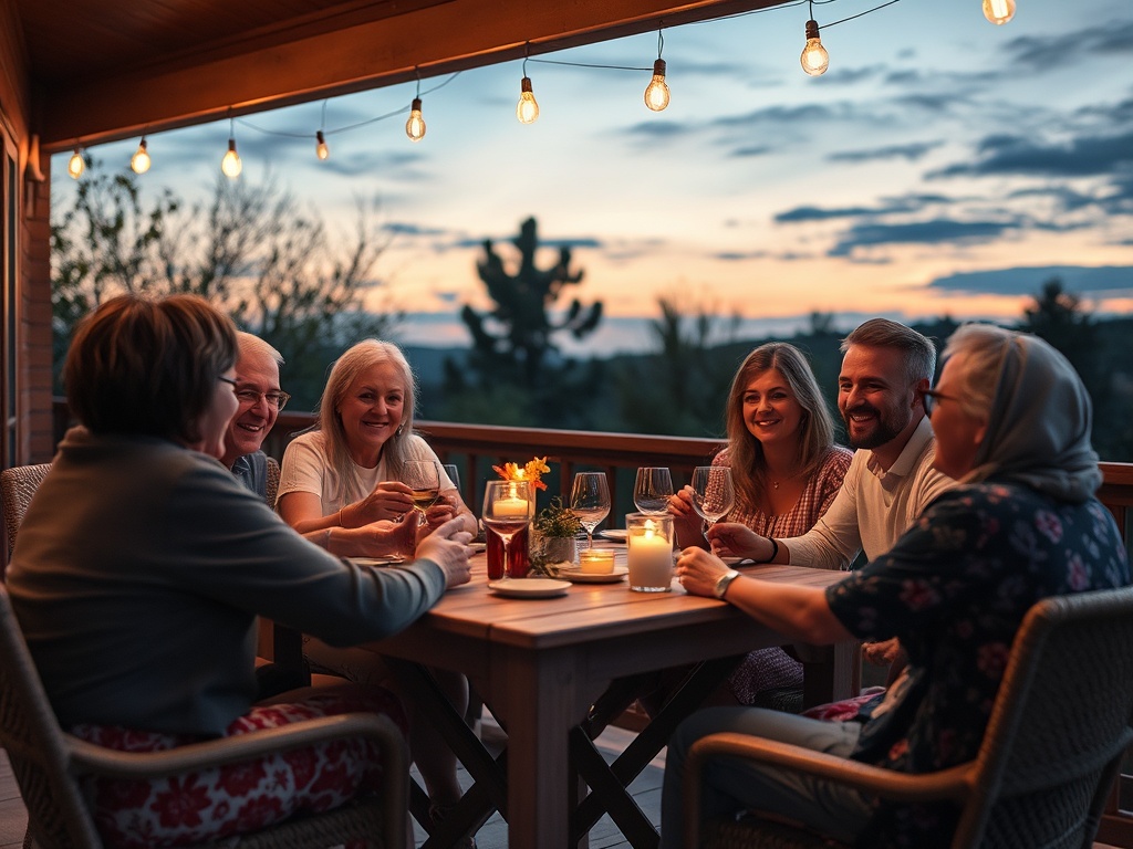 Группа друзей за столом на веранде, наслаждаются вечером, светят огоньки и закат на фоне.