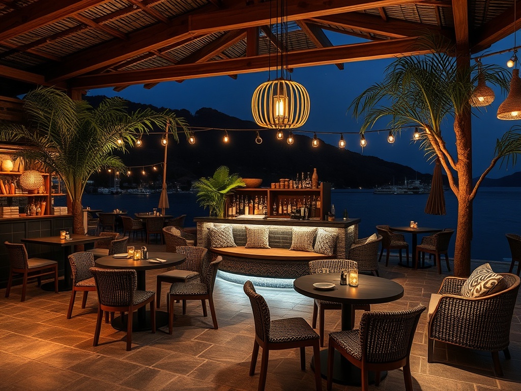 Уютный ресторан на берегу моря с атмосферным освещением и уютными креслами в ночное время.