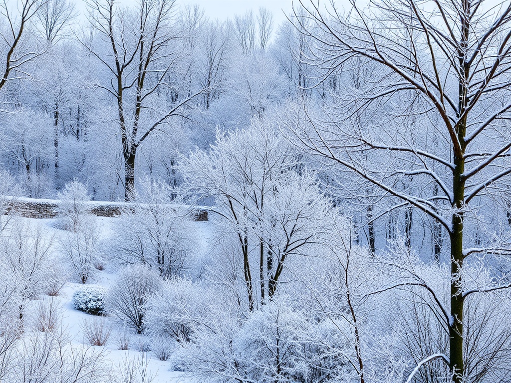 Заснеженный лес с голыми деревьями и кустарниками, создающий зимнюю атмосферу тишины и спокойствия.
