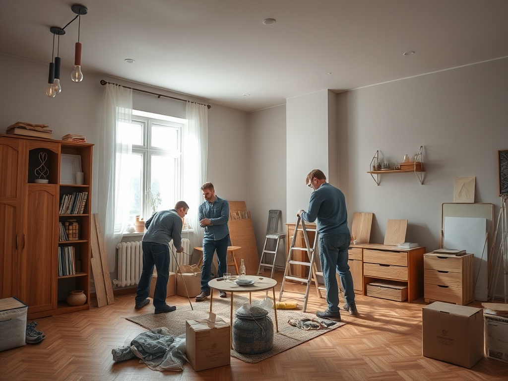 Трое мужчин занимаются ремонтом в светлой комнате с мебелью и коробками.