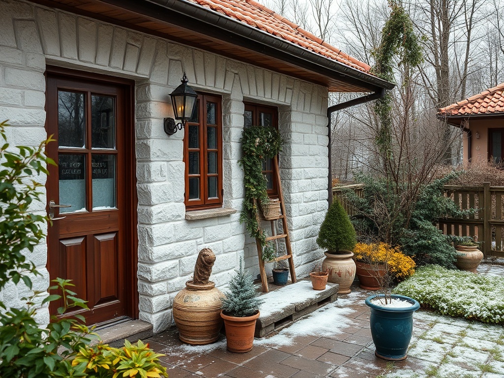 Дверь красивого дома с цветами и кустами, уютный уголок с зимним пейзажем.